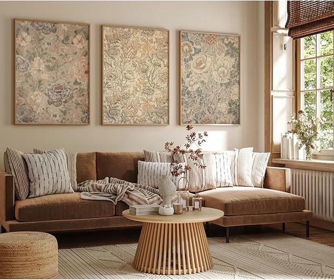 Vintage Flower Wall Art Decor Beige Floral Canvas Wall Art Botanical Rustic Pictures Prints Farmhouse Antique Painting Vintage Flower Poster for Living Room Bedroom 16x24 Inch Unframed Set of 3