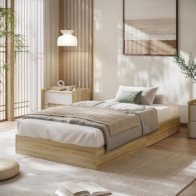 Twin Size Solid Wood Platform Bed with Sturdy Wooden Slats, Floor-Standing Bed Frame, Modern Minimalist Design Space-Saving Bed Frame, No Box Spring Needed, Space Saver, Easy Assembly, Golden Tan Wood