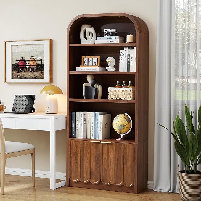 ORRD 70" Tall Arched Bookshelf with Storage Cabinet, Modern 4-Tier Wood Bookcase with Scalloped Doors & Gold Handles, Open Display Shelves for Living Room, Bedroom, or Home Study Office (Walnut)