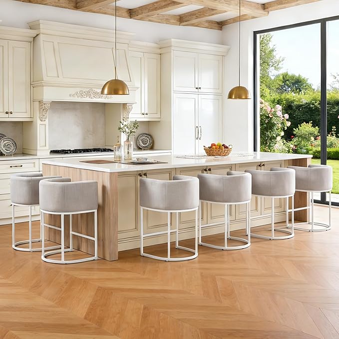 ClinQ 26" H Counter Height Bar Stools Set of 2, Modern Barrel Counter Stools with Backrest and Arms, White Metal Frames, Linen Fabric Upholstered Accent Barstools for Kitchen Island, Light Grey