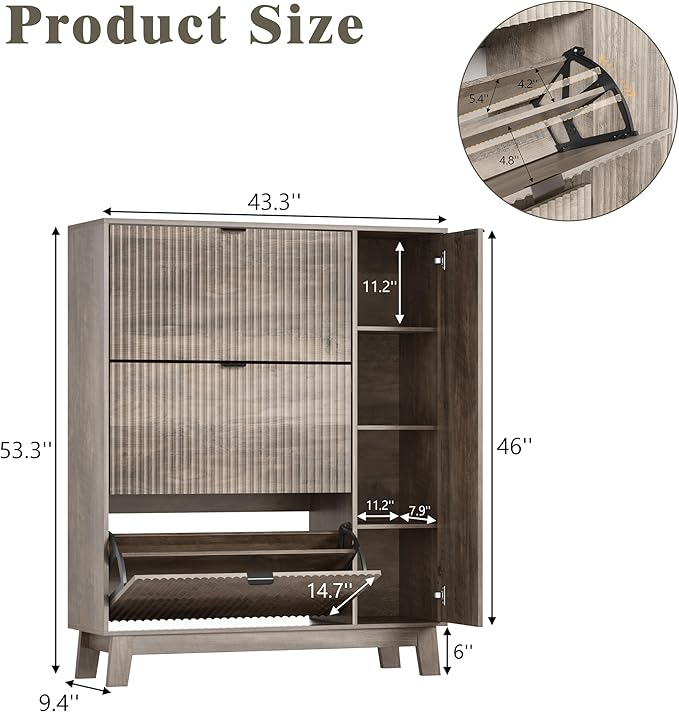 Shoe Cabinet Storage for Entryway with 3 Flip Drawers & Side Cabinet, Fluted Narrow Shoe Organizer with Wooden Leg, Freestanding Shoe Storage Hidden Shoe Rack Organizer for Front Door Entrance, Grey