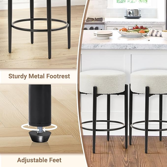 Murago Counter Height Bar Stools, Set of 4, 24" Modern Backless Bar Stools, Ideal for Kitchen Counter, Kitchen Island, Boucle Sherpa Padded Cover, with Round Soft Seat and Foot Rest, White