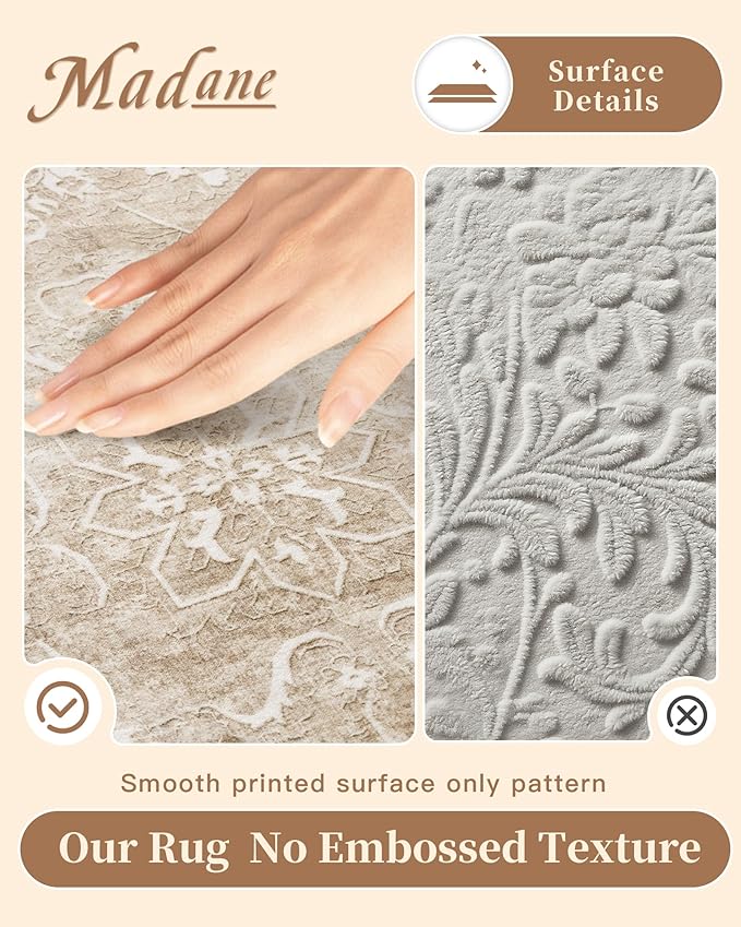 Madane 5x7 Area Rugs for Living Room, Washable Vintage Neutral Rug with Non-Slip Backing, Soft Floral Print Throw Rugs Floor Low Pile Carpet for Bedroom Dining Room Farmhouse (5 x 7, Beige/Brown)