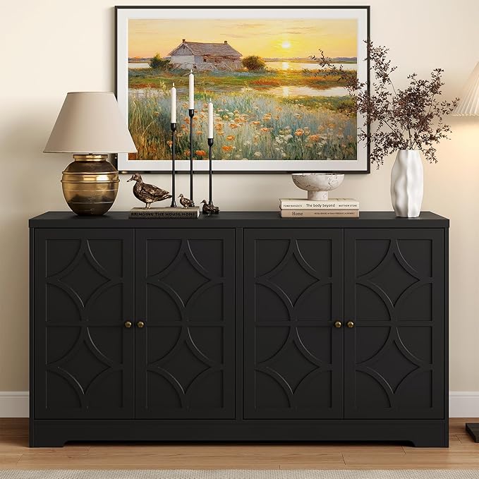 RoyalCraft Sideboard Buffet Cabinet with Storage, 56" Modern Sideboard with 4 Carved Doors and Adjustable Shelves, Large Wood Coffee Bar Console Table for Kitchen, Dining Room, Living Room, Black