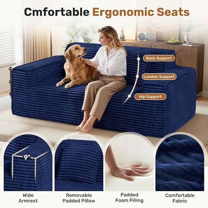 75'' Modern Cloud Loveseat Sofa Set of 2, No Assembly Required Comfy Deep Seat Couches 2 pcs for Living Room, Bedroom, Apartment (Corduroy-Blue)