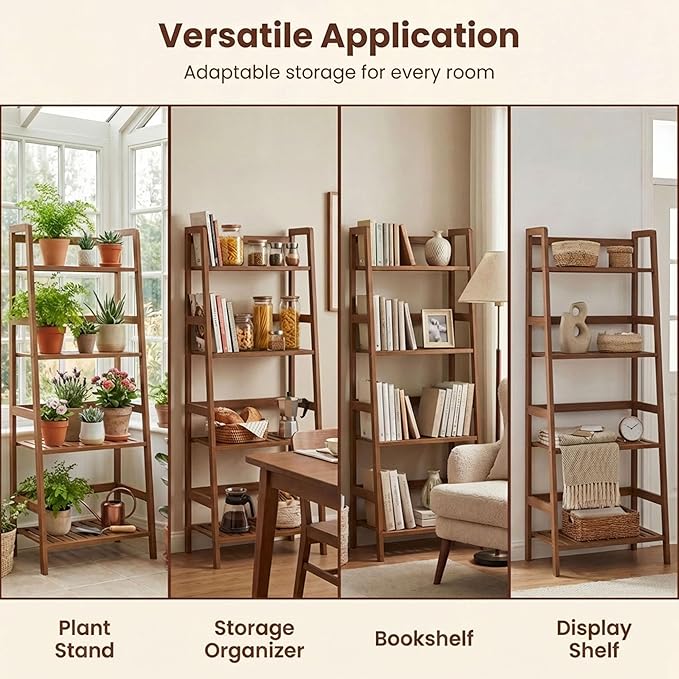 COSTWAY 4-Tier Ladder Shelf, Bamboo Plant Stand Rack, Freestanding Bookshelf, Multifunctional Storage Shelves, Flower Stand Rack Holder for Garden, Balcony, Living Room, Bedroom (Brown)