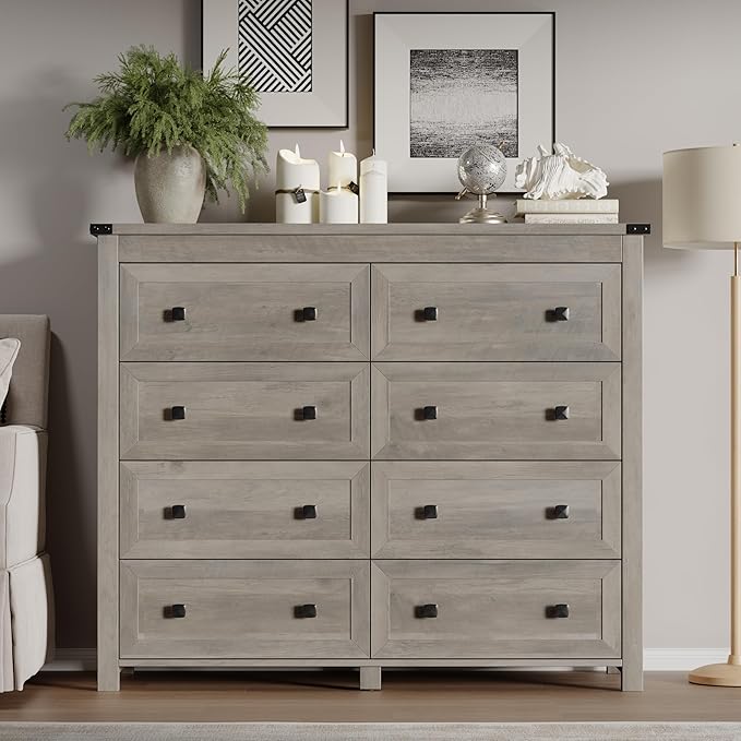 BORNOON Tall 8-Drawer Dresser, Modern Wooden Storage Chest of Drawers, Dresser TV Stand, Wood Drawer Organizer with Metal Handles for Bedroom, Living Room, Hallway