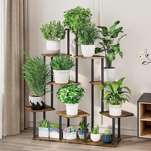 9 Tier Plant Stand Indoor, Thickened Metal Wood Corner Plant Shelf Stands for Multiple Plants, Indoor Tall Plants Stand Tiered Flower Holder for Living Room Patio Garden Balcony(Black+Brown)