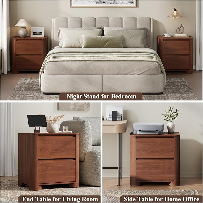 Walnut Nightstands Set of 2 with Charging Station, 23.6" Modern Night Stand with Unique Thickened Foot and 2 Storage Drawers, Bedside Table with Rounded Corner Design for Bedroom