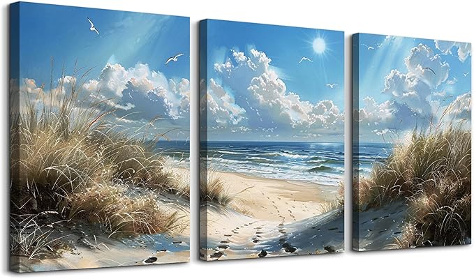 TTHYUEWS Wall Art For Living Room Canvas Wall Decor For Bedroom Bathroom Decorations Blue Ocean Beach Wall Painting Sea Wave Wall Pictures Artwork for office Modern Home Decor Ready To Hang 3 Piece
