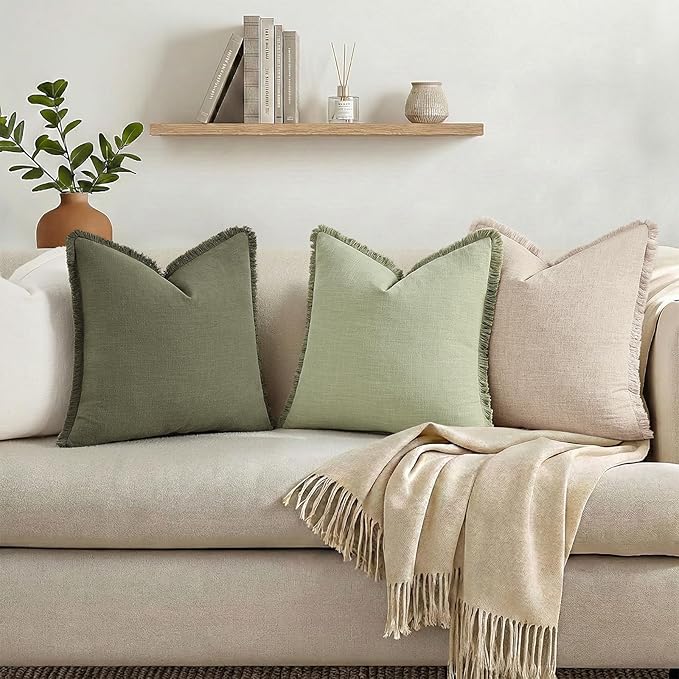 decorUhome Summer Decorative Neutral Linen Fringe Euro Sham Throw Pillow Covers Set of 2 Sage Green Pillow Covers with Tassels Soft Farmhouse Boho Accent Pillow Cases for Couch Bed Sofa 22x22 Inch
