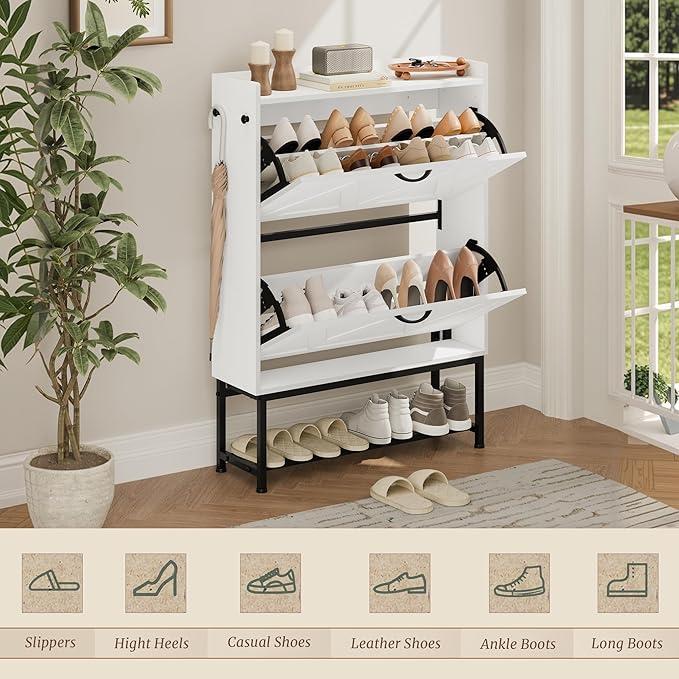 Cozyman Narrow Shoe Storage Cabinet with 2 Flip Drawers & Adjustable Shelf for Entryway, Freestanding Hidden Slim Shoe Organizer Rack, White