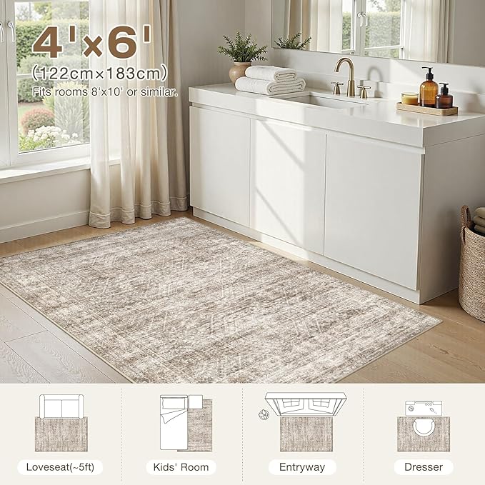 cotiled Large Area Rugs for Living Room, Machine Washable Rugs with Non Slip Backing Modern Neutral Abstract Rugs Stain Resistant Distressed Carpets for Home Office Decor (3x5 Dark Brown)