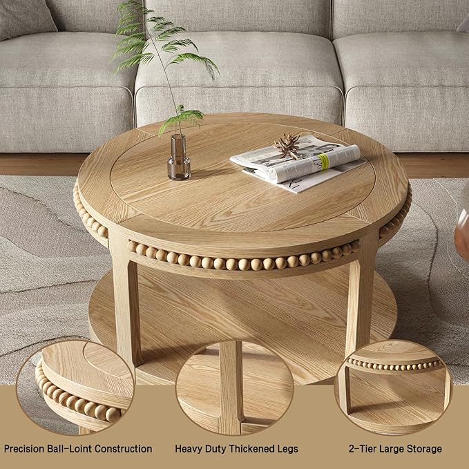 31.5" Round Wood Coffee Table, 2 Tier Modern Center Table,Solid Wood+MDF, Easy Assembly, Accent Table for Living Room, Apartment, Small Space. (Natural Wood)