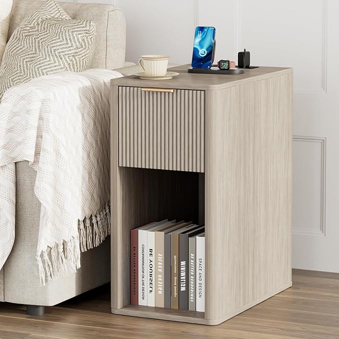 Homleke Narrow End Table with Fluted Drawer and Charging Station, Small Nightstand with USB Ports & Outlets, Bedside Table for Bedroom or Living Room, Modern Accent Table, Light Gray Birch