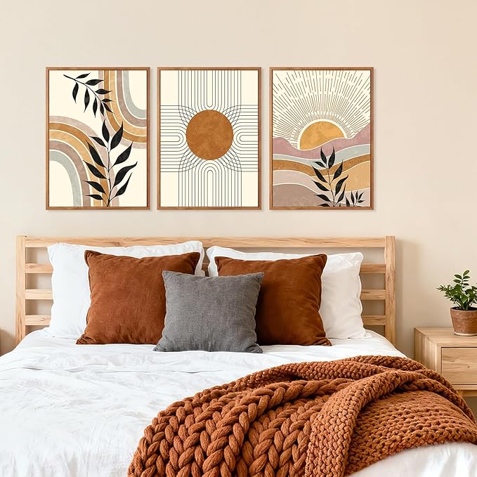 HPINUB Boho Framed Canvas Wall Art Prints, (Set of 3,12X16 Inch) Mid Century Modern Wall Decor, Nature Plants Desert Sun Art Paintings, Bohemian Artwork for Living Room, Bedroom, Dining Room, Office