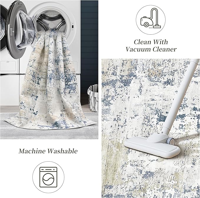 Art&Tuft Washable Rug, Anti-Slip Backing Abstract Area Rugs, Stain Resistant Rugs for Living Room, Foldable Machine Washable Area Rug(Beige/Blue, 8'x10')
