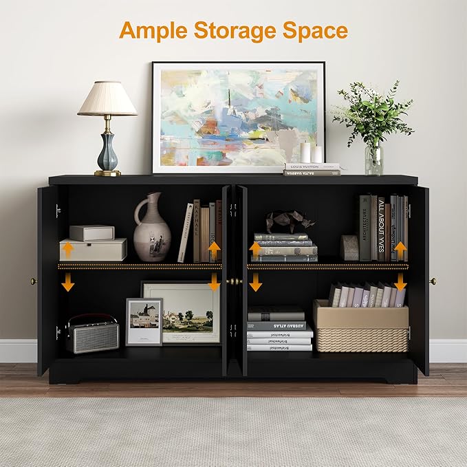 RoyalCraft 56'' Modern Kitchen Buffet Table with 4 Doors and Adjustable Shelves, Sideboard Buffet Cabinet with Storage, Wood Credenza Accent Coffee Bar Cabinet for Entryway, Living Room, Satin Black