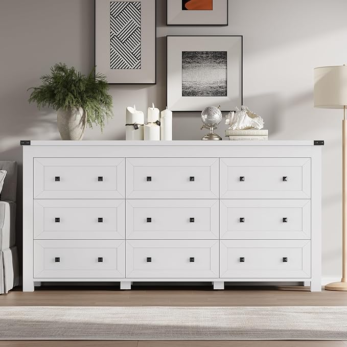 BORNOON 9-Drawer Dresser, Modern Wooden Storage Chest of Drawers, Dresser TV Stand, Wood Drawer Organizer with Metal Handles for Bedroom, Living Room, Hallway