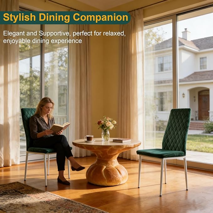 Dining Chairs Set of 2, Velvet Comfortable Seats, Mid-Century Modern Living Room Chairs, Upholstered Kitchen Chairs with Mental Legs and Padded Seat for Bedroom Office Easy Assembly, Green