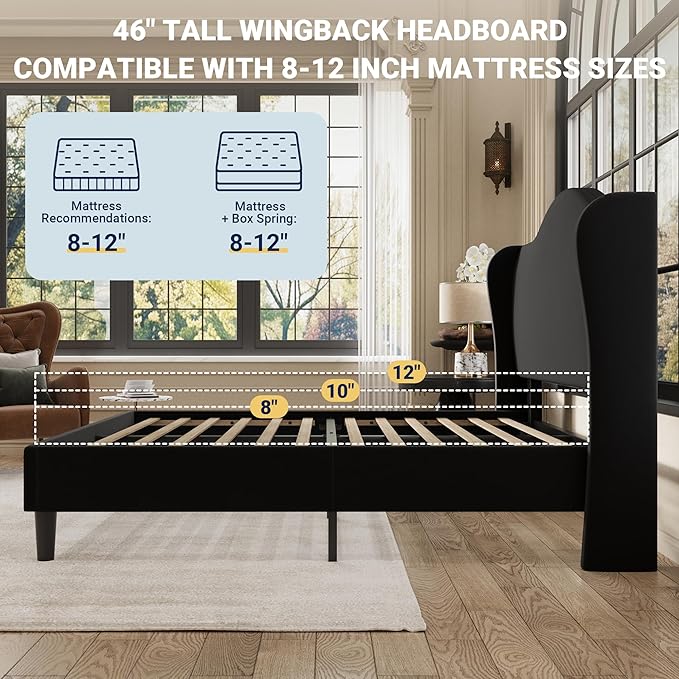 Allewie Queen Size Bed Frame, Upholstered Wingback Platform with 47" Tall Tufted Headboard, Plush Velvet Fabric, Modern Minimalist Design, No Box Spring Required, Tool-Free Assembly, Black