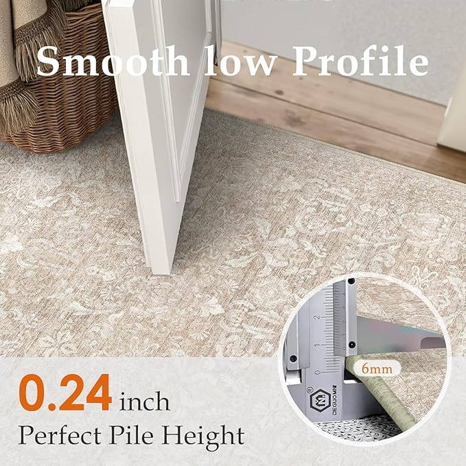 PureCozy Beige Area Rug 3x4 Washable Neutral Office Entryway Carpet Vintage Non Slip Indoor Low Pile Soft Thin Door Mat Retro Floral Accent Throw Small Rug for Bathroom Bedroom Dining Living Room