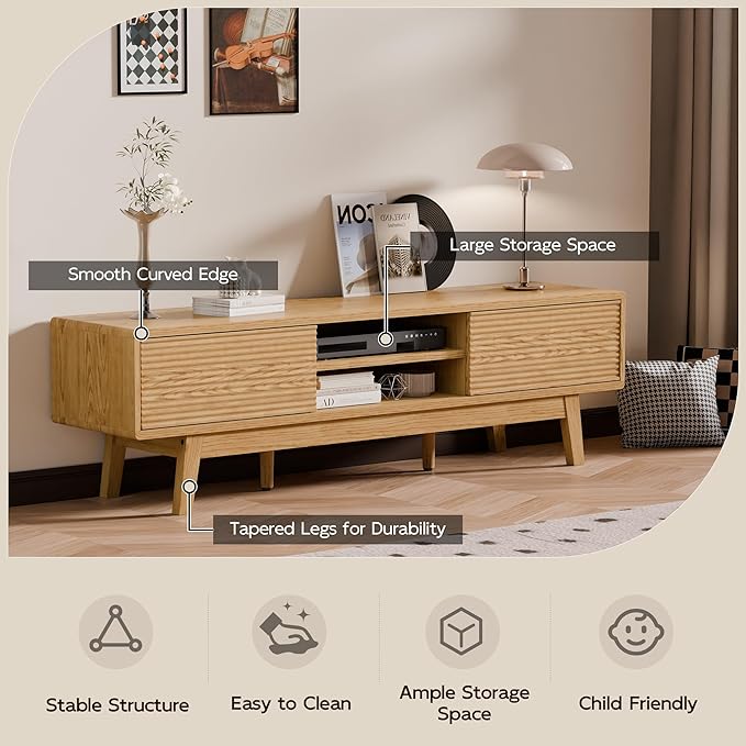 TOLEAD 59" Mid Century Modern TV Stand for TVs up to 65 Inch, Low Profile Entertainment Center with Fluted Sliding Doors & Storage, Wood TV Console Table for Living Room, Oak