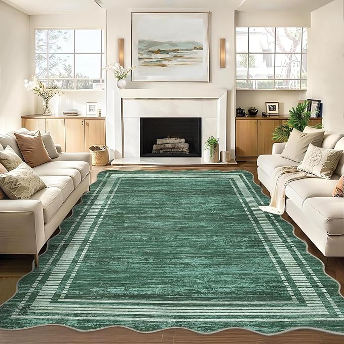 Garvee Scalloped Modern Christmas Area Rug 9x12 Large Washable Rug for Living Room, Non-Slip Soft Carpet for Bedroom, Scalloped Low-Pile Christmas Print Accent Rug for Dining Room Home Office, Green