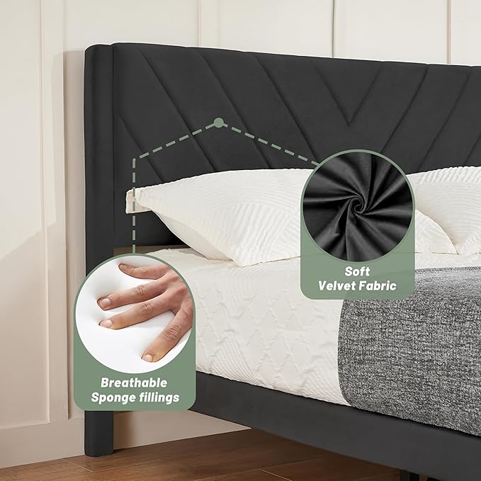 Queen Bed Frame with Headboard, Bed Frame Queen Size with Sturdy Wooden Slats Support, Platform Bed Frame with Velvet Upholstered Headboard, Mattress Foundation, Easy Assembly, No Box Spring Needed