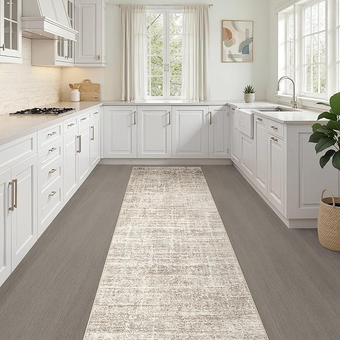 Runner Rug Non-Slip Kitchen Rug: 3x8 Washable Abstract Modern Soft Stain Resistant Indoor Floor Neutral Accent Throw Carpet for Hallway Bathroom Laundry Room Bedroom Entryway- Brown