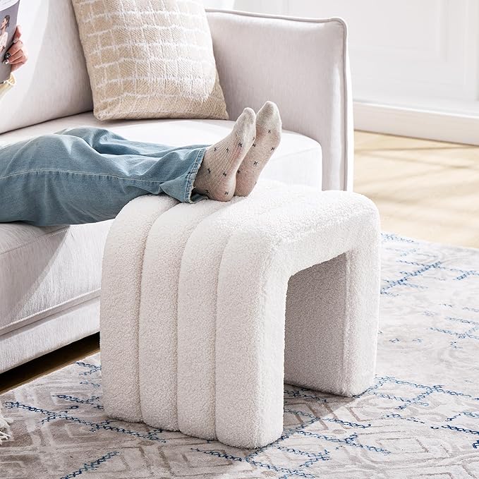 White Teddy Fleece Tufted Ottoman Stool, Small Arch Footrest for Couch, Modern Vanity Stool with Non-Slip Pads for Makeup Room, Living Room, Entryway, 15.4 x 19.3 x 17.9 Inches, 260lb Capacity
