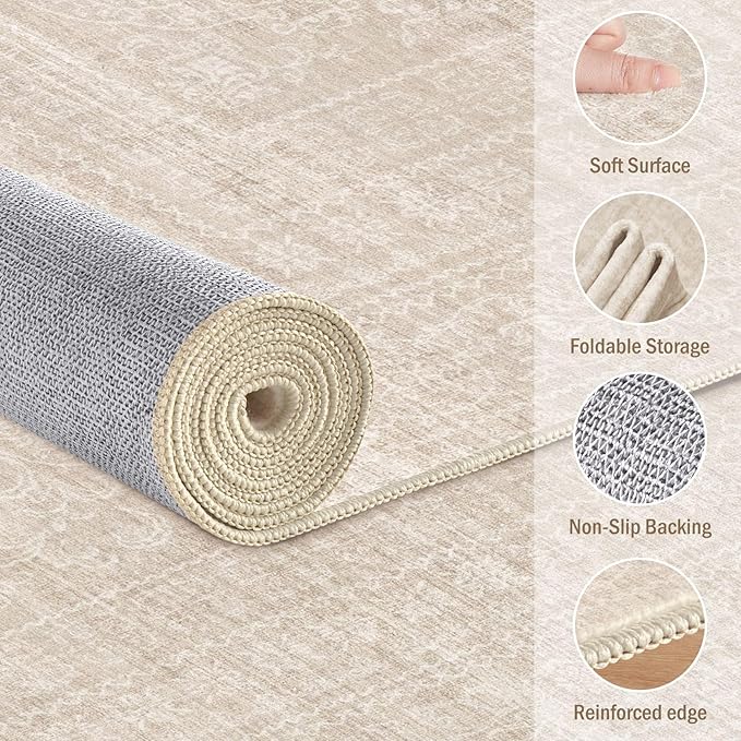 8ft Round Rug Living Room: Washable Large Vintage Neutral Area Rug Non-Slip Soft Stain Resistant Indoor Carpet for Bedroom Nursery Dining Room Under Table Bed Home House Office Playroom - Beige