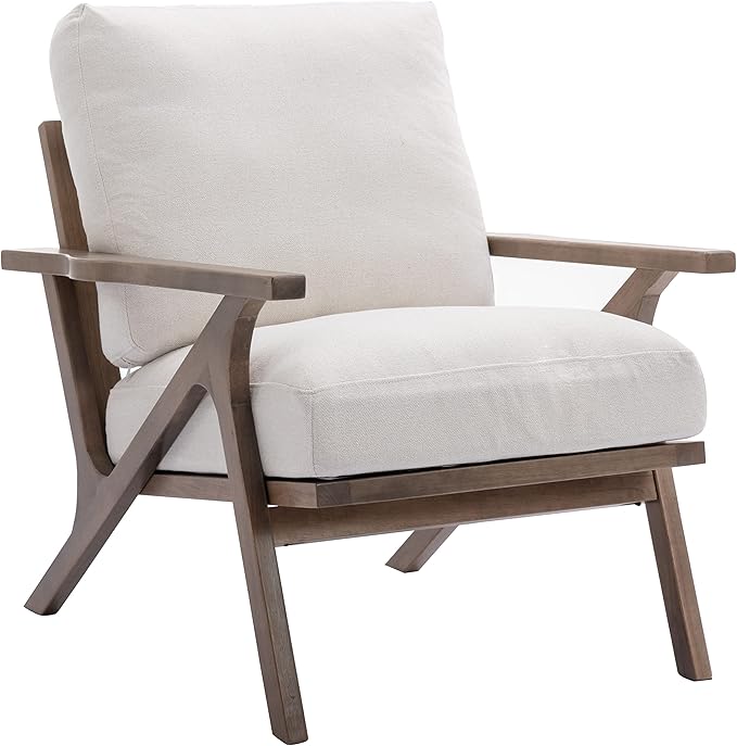 chairus Mid-Century Modern White Linen Accent Chair, Comfy Upholstered Lounge Armchair with Removable Cushions & Solid Wood Frame, Fabric Reading Chair for Living Room Bedroom Office