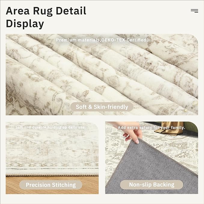 Soalmost Area Rugs 5x7, Washable Rug, Stain Resistant 5x7 Area Rugs for Living Room Bedroom Dining Room, Vintage Gray Farmhouse Rug Beige