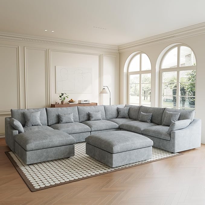 Modular Sectional Sofa Cloud Couch, Oversized 8 Seater Sofa with Ottomans, Extra Large U Shaped Deep Seat Sectional Couches for Living Room, Grey Sofa Covers Washable&Removable