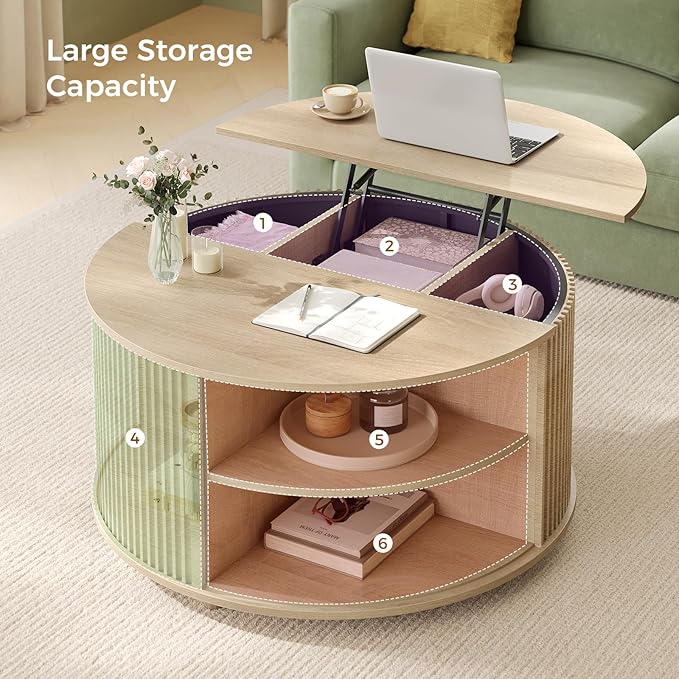 Round Lift Top Coffee Table, 34.6" Modern Coffee Table with 180° Curved Sliding Door, Fluted Accent Coffee Tables with Hidden Storage and Open Shelves, for Living Room, Office, Oak
