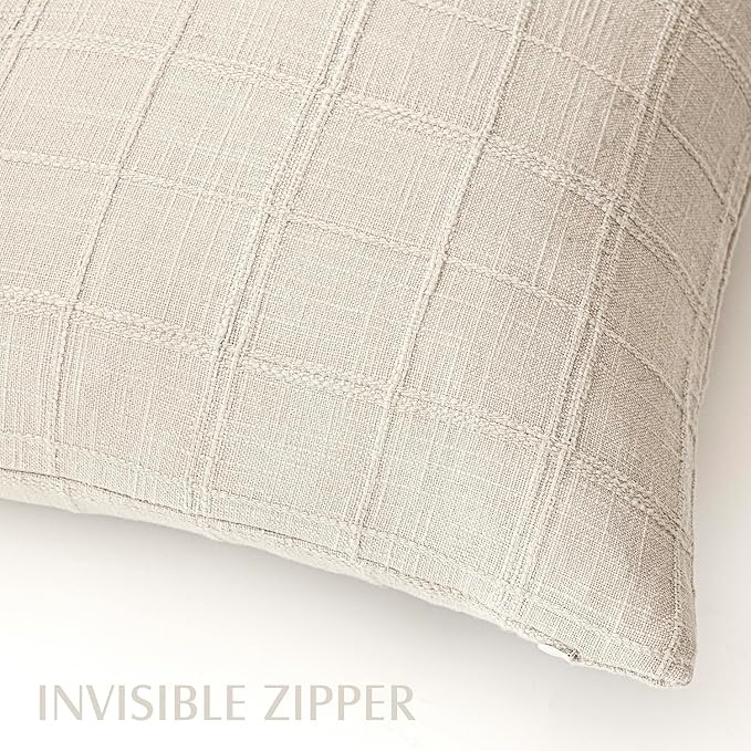 Foindtower Set of 2 Decorative Linen Check Throw Pillow Covers Neutral Farmhouse Vintage Cushion Covers Modern Boho Home Decor for Sofa Chair Couch Bedroom Living Room,26×26 Inch,Natural Beige