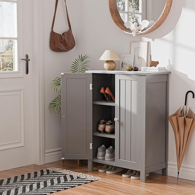 SUPER DEAL Modern Bathroom Floor Storage Cabinet with Adjustable Shelf and Double Door Rust Proof, Living Room Modern Home Furniture Storage Organizer Cabinet, Grey