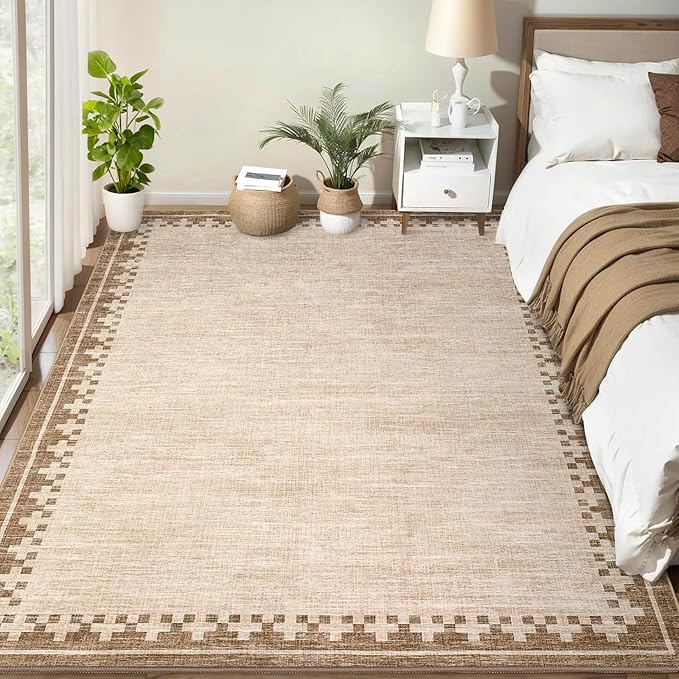 GarveeHome Neutral Bedroom Area Rugs 4x6 Washable Living Room Rugs Non Slip Stain Resistant Modern Border Throw Carpet Cross Pattern Geometric Low Pile Indoor Rugs for Dining Room Nursery Dorm, Beige