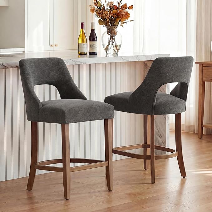 UVV Bar Stools Set of 4, Upholstered Counter Height Bar Stools, Modern Counter Stools with Wood Legs for Kitchen Island Dining Room Bar, Dark Grey