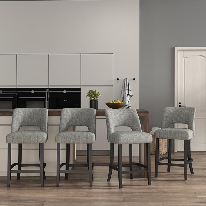 VKNOW Bar Stools Set of 4, 26" Upholstered Counter Height Bar Stools, Modern Counter Stools with Black Legs for Kitchen Island Dining Room Bar, Light Grey-Black Legs