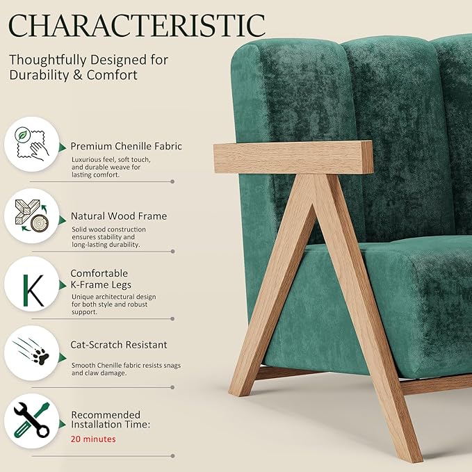 Modern Accent Chair for Living Room Bedroom,Comfy Chenille Reading Chair with Wood Frame,Oversized Upholstered Lounge Armchair with Thick High-Elastic Sponge for Apartment & Waiting Room (Green,1)