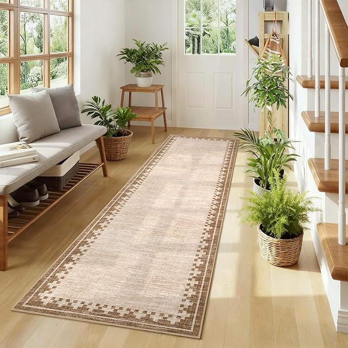 GarveeHome Modern Bordered Runner Rug 2x6 for Hallway Non Slip Low Pile Neutral Kitchen Runner Rugs Washable Bedroom Throw Carpet Geometric Cross Runners Mat for Living Room Nursery Laundry, Beige