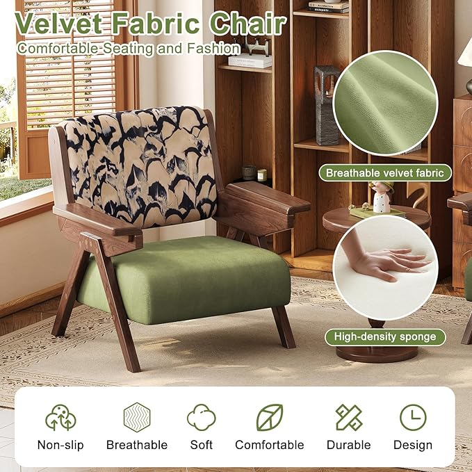 Accent Chair Mid Century Modern Chair, Velvet Upholstered Lounge Arm Chair with Solid Wood, Cozy Reading Chair for Living Room, Bedroom, Balcony (Feather Print, Set of 2)