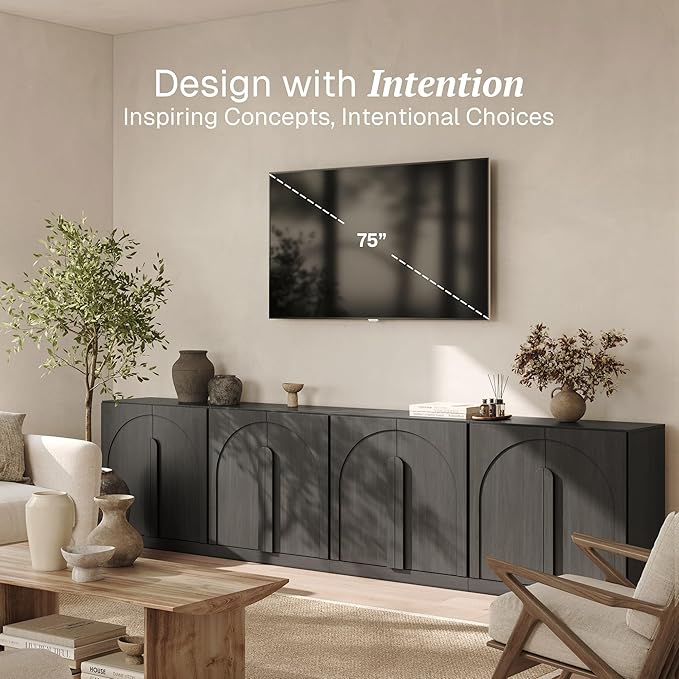 BELLEZE Bijou Set of 4 Wall-to-Wall Storage Cabinets (126" Wide) - Grand Sideboard Buffet System w/8 Arched Doors - Massive Entertainment Center & Display Console for Living Room, Office, Ebony