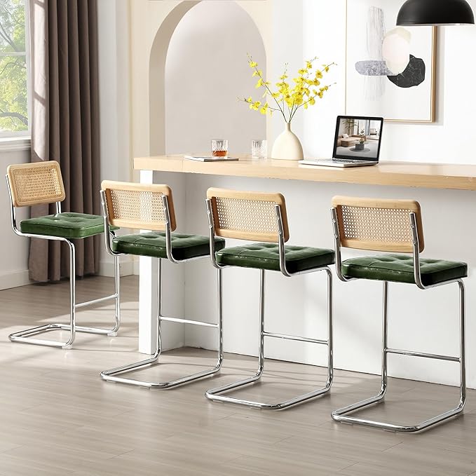 Zesthouse Natural Rattan Bar Stools Set of 2, Modern Counter Height Stools with Solid Wood Back, 26'' Counter Height Chairs, Mid Century Cantilevered Bar Chairs for Kitchen Island, Faux Leather Green
