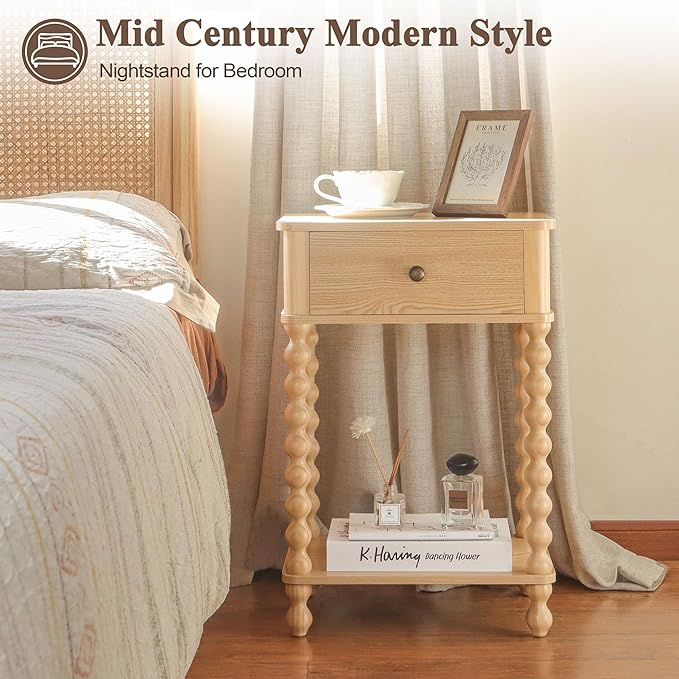 AWASEN Night Stand, Small End Table with Storage for Living Room, Farmhouse Bedside Side Table with Spindle Wood Legs for Bedroom, Office, Natural