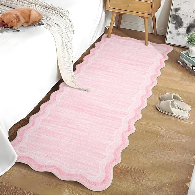 Garvee Washable Runner Rug 2x6 Scalloped Rugs for Bathroom Modern Kitchen Hallway Rugs Stain-Resistant Non-Slip Solid Rug Soft Scalloped Entryway Carpet Runner for Bathroom Laundry Bedside(Pink,2x6ft)