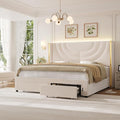 HITHOS Full Upholstered LED Bed Frame with 2 Storage Drawers, Velvet Platform Bed with Wingback Headboard, Solid Wooden Slats Support, No Box Spring Needed, Headboard Splicing Design, Beige
