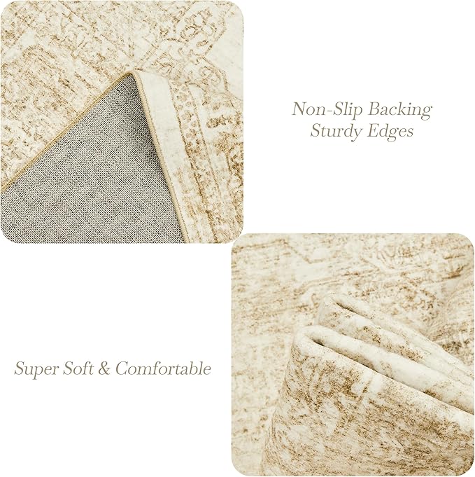 Soalmost 6x9 Area Rug for Living Room Floral Washable Non-Slip Modern Rugs for Bedroom Dinning Room Ultra-Thin Indoor Beige